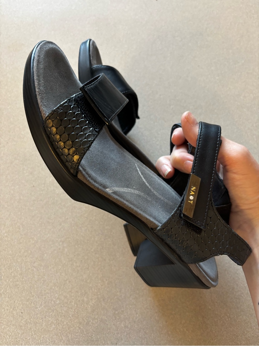 Naot Intact Black Textured Leather Low Block Heel Sandal